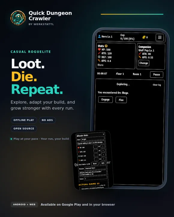 Quick Dungeon Crawler roguelite for Android and web